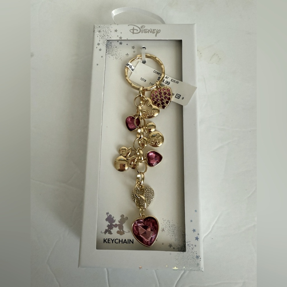 Disney Gold and Pink Heart‎ Jewel Mickey & Minnie Mouse Jewelry Key Chain